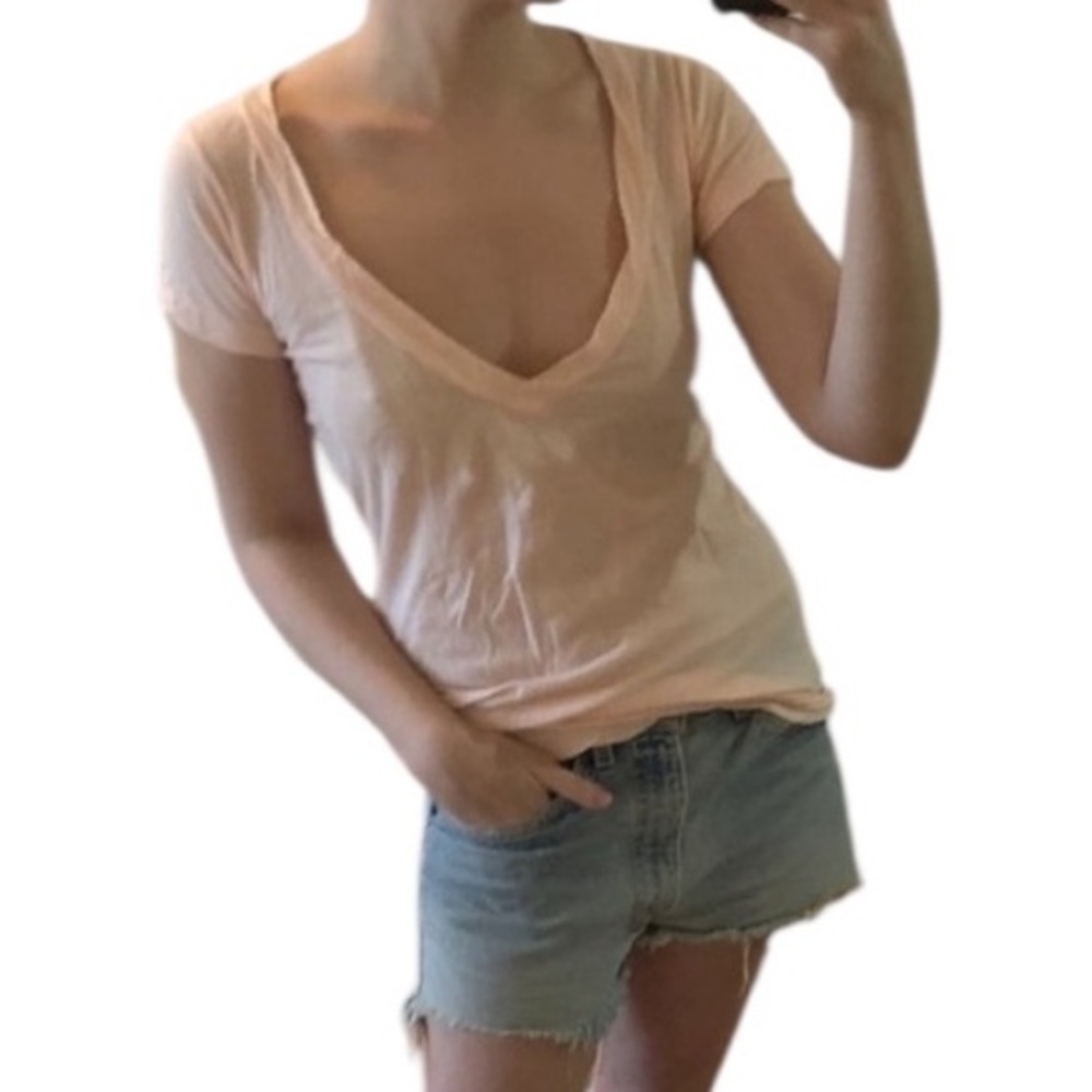 LNA Peach Pink Deep V Neck Short Sleeve Cotton Tee Shirt Top Extra Small XS / S